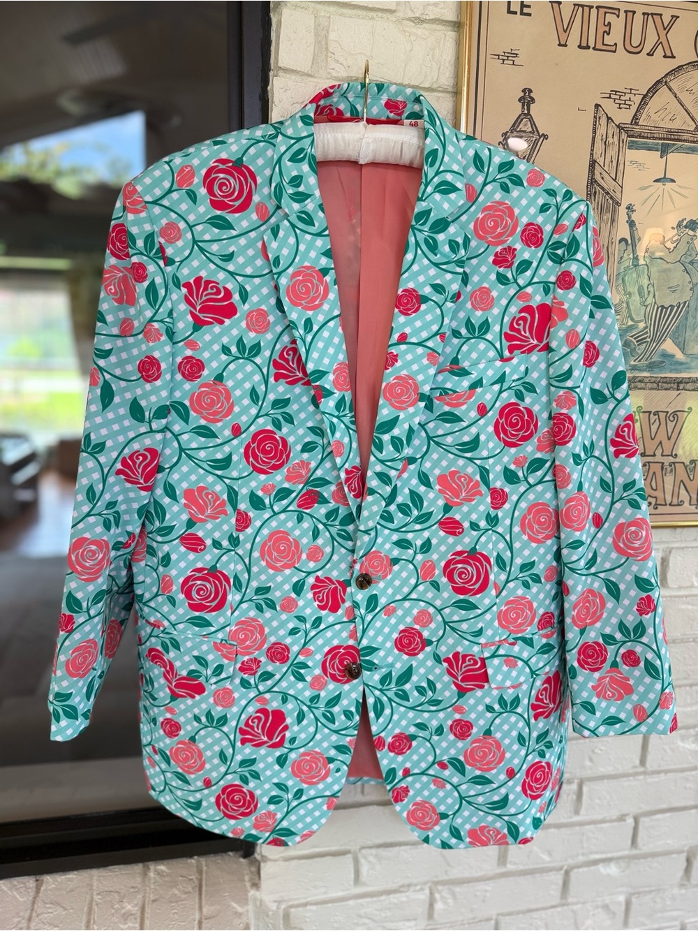 Men's Floral Print Blazer in Mint Green & Pink by Shinesty